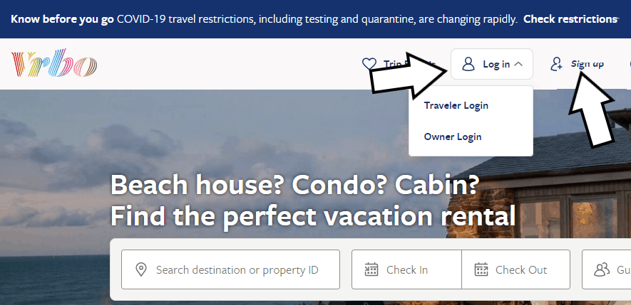 VRBO Login screen on front page