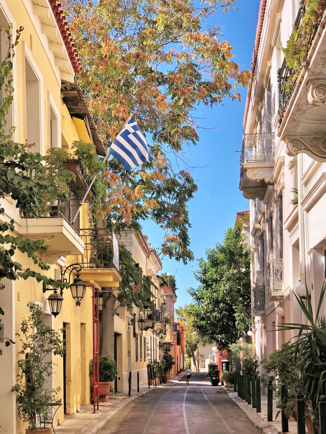 Athens street with greek flag